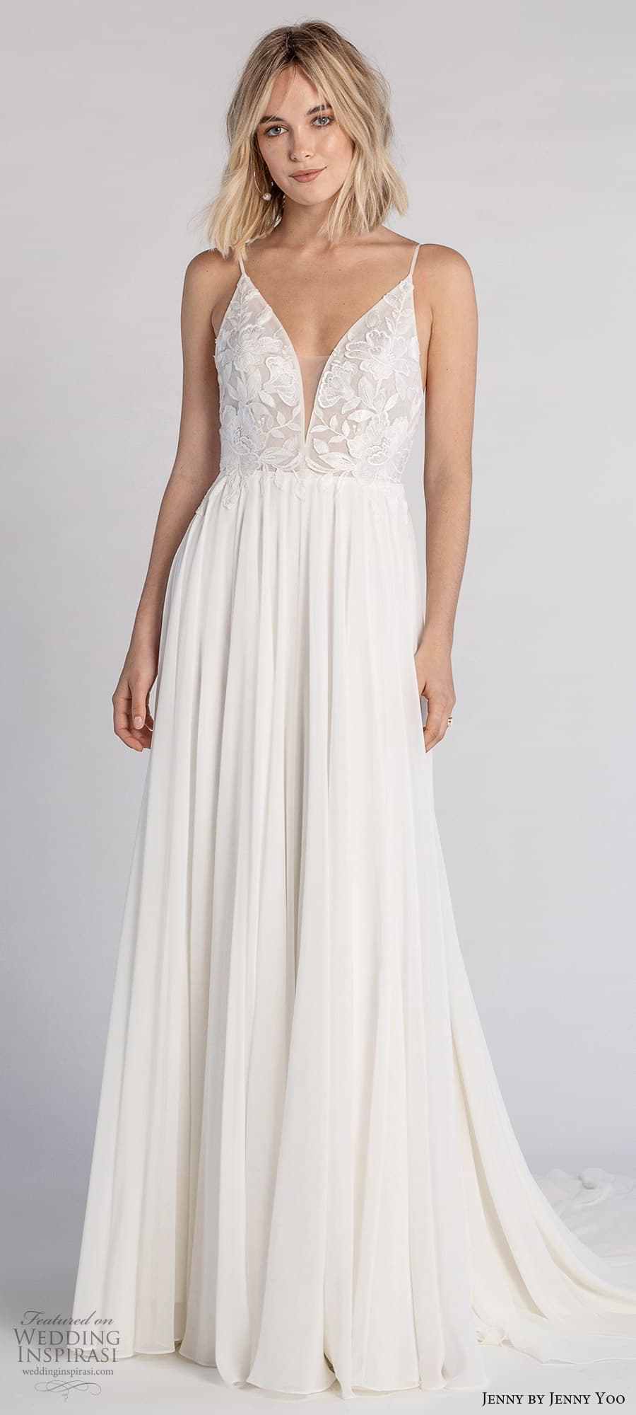 jenny jenny yoo fall 2021 bridal sleeveless straps v neckline embellished bodice a line wedding dress chapel train (8) lv