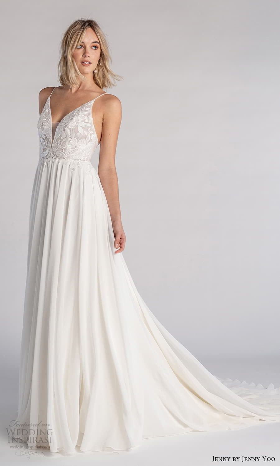 jenny jenny yoo fall 2021 bridal sleeveless straps v neckline embellished bodice a line wedding dress chapel train (8) mv