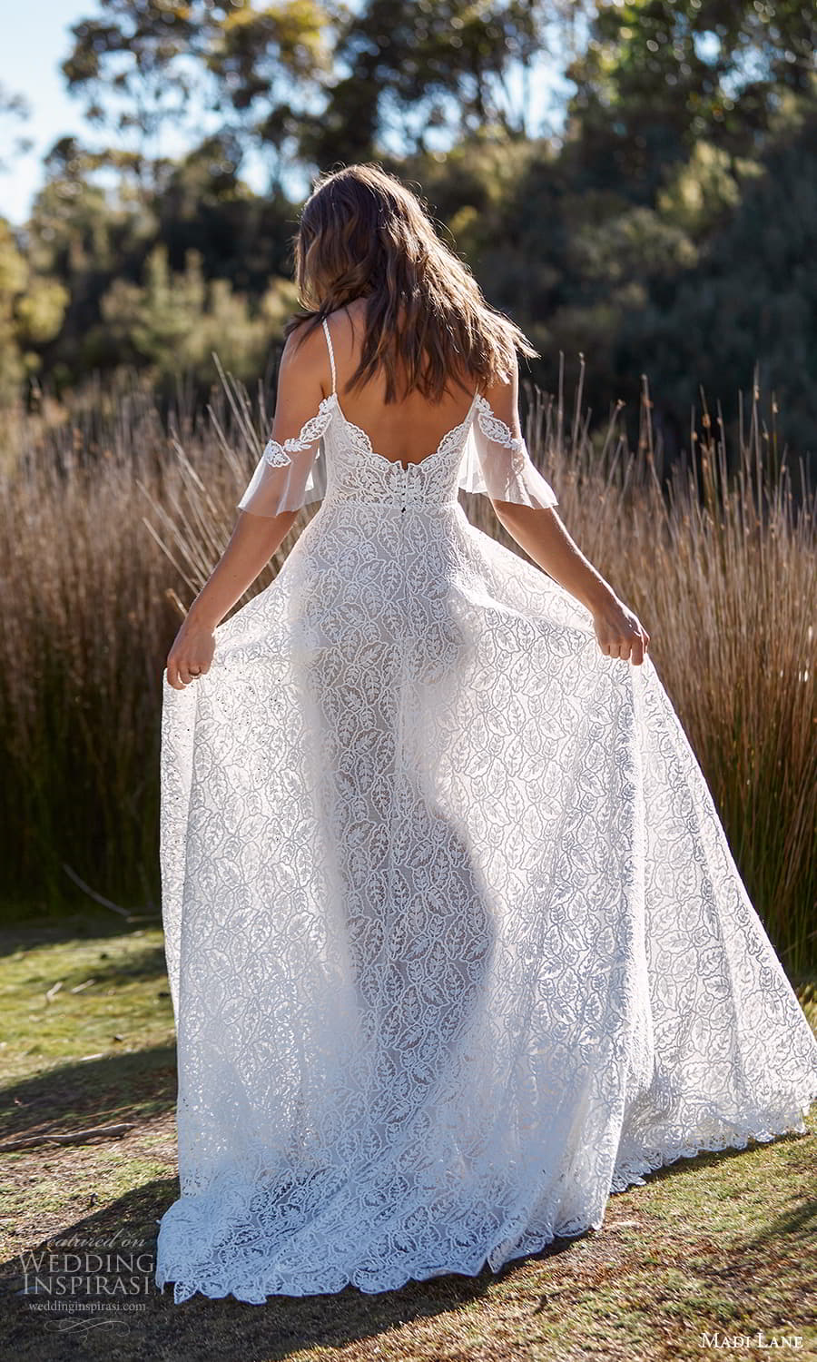 madi lane fall 2021 bridal cold shoulder flutter sleeve straps plunging sweetheart neckline fully embellished a line wedding dress chapel train (13) bv