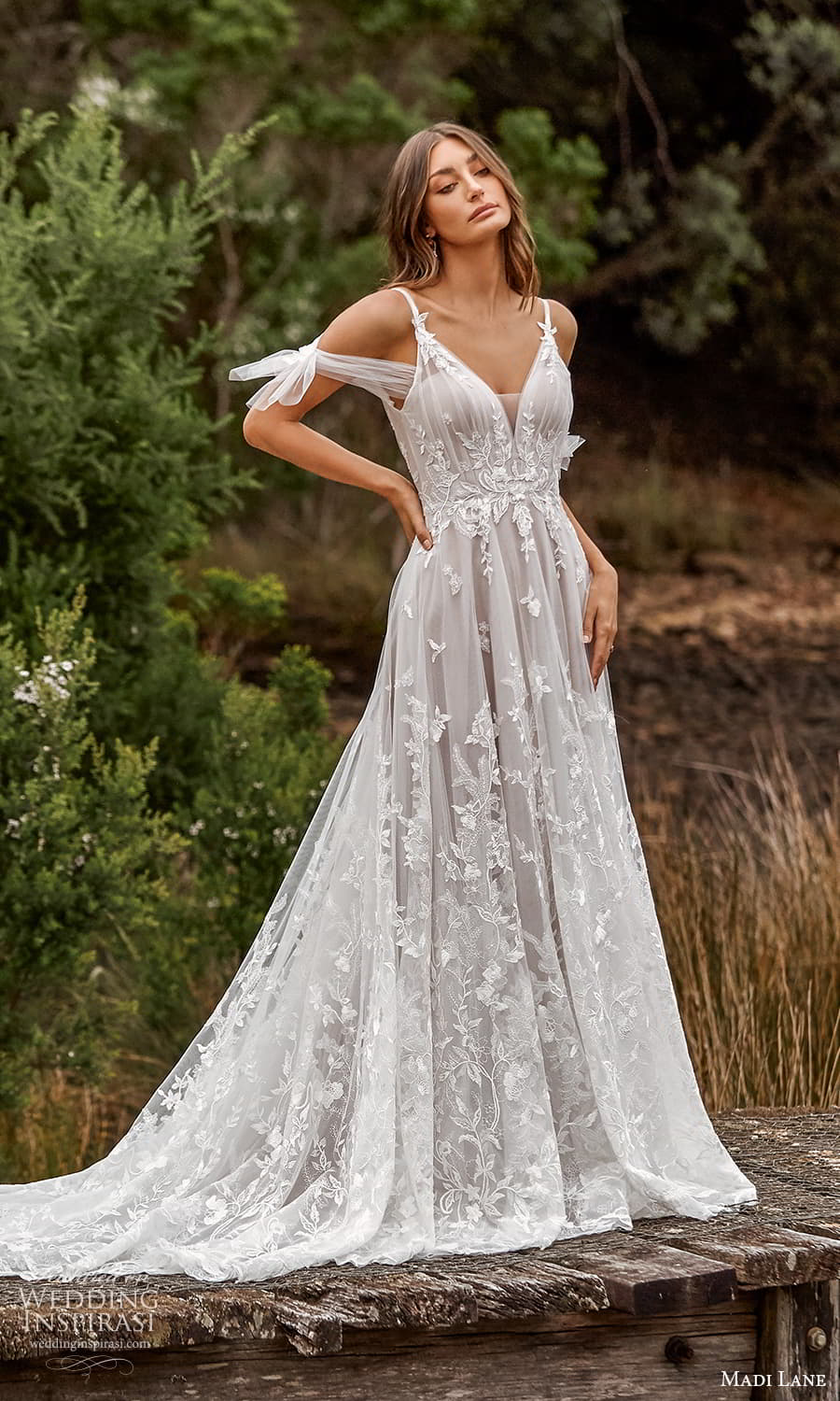 madi lane fall 2021 bridal cold shoulder straps v neckline embellished bodice a line ball gown wedding dress chapel train (21) mv