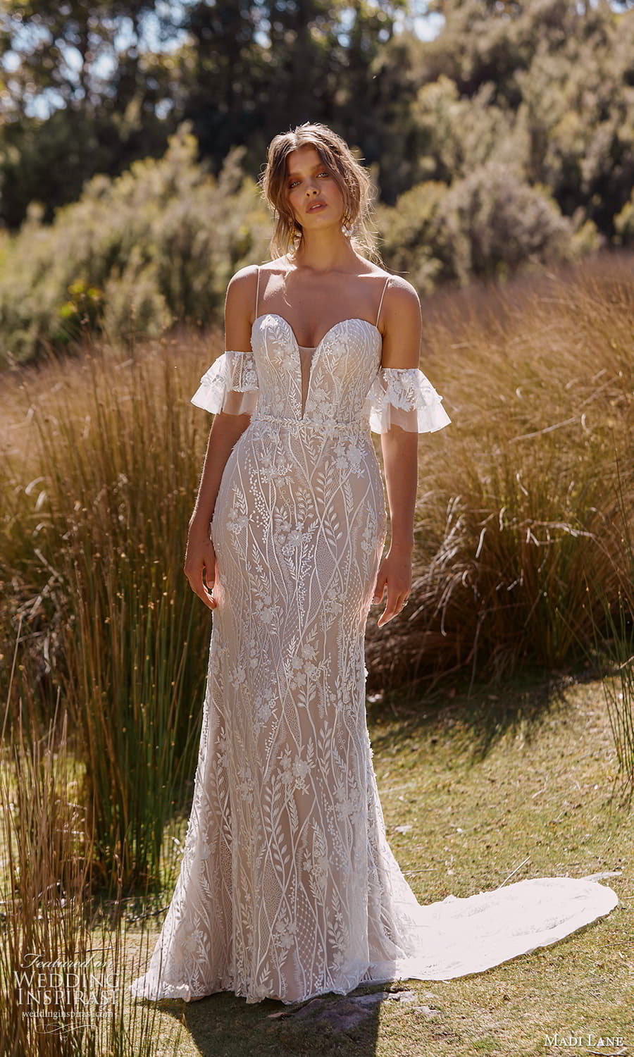 madi lane fall 2021 bridal detached short flare sleeves thin straps plunging sweetheart neckline fully embellished sheath wedding dress chapel train (12) mv