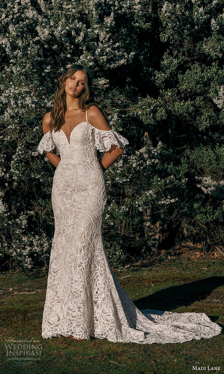 madi lane fall 2021 bridal flutter sleeve cold shoulder straps sweetheart neckline fully embellished sheath wedding dress chapel train (15) mv