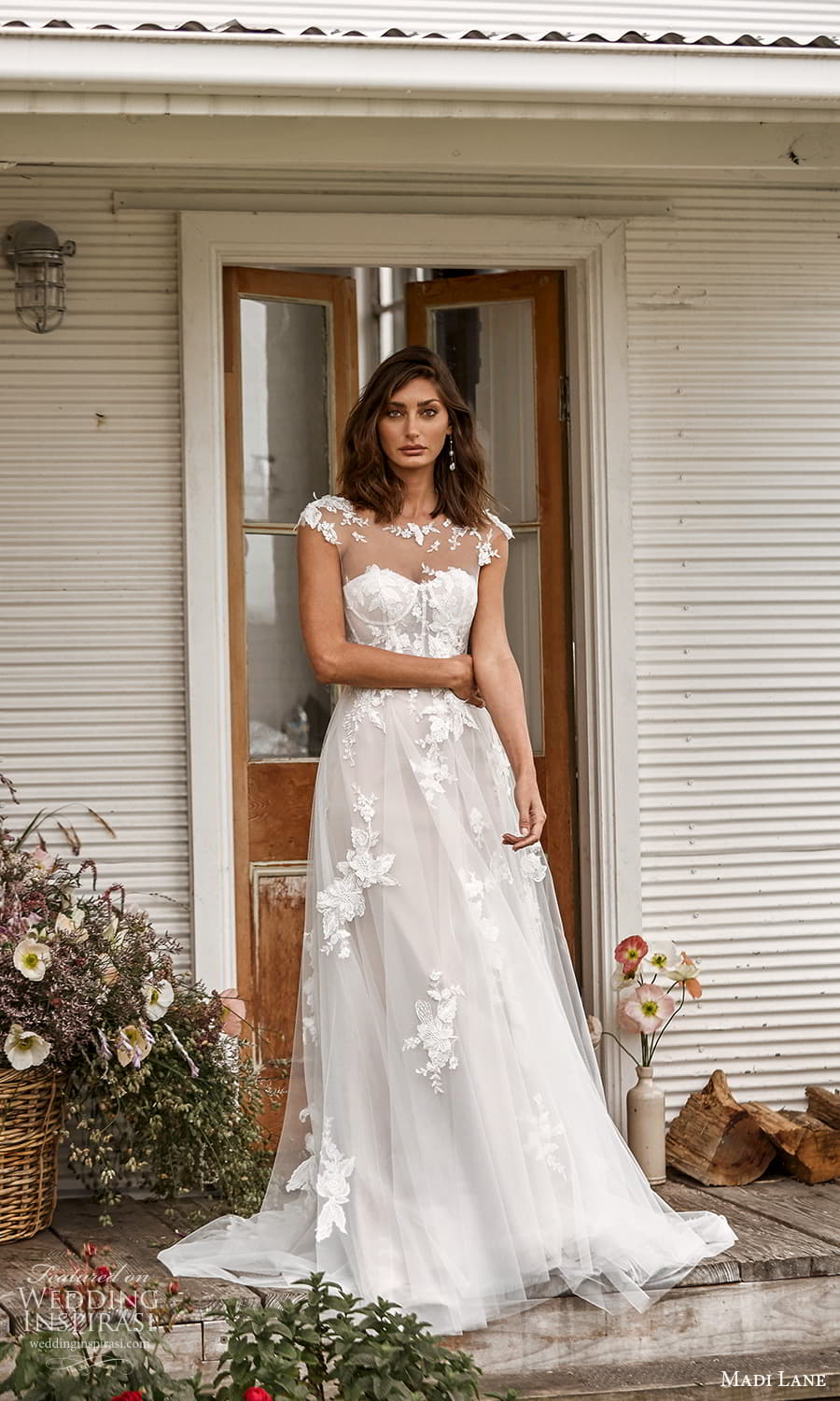 madi lane fall 2021 bridal sheer cap sleeve top strapless sweetheart neckline embellished a line ball gown wedding dress chapel train (19) mv