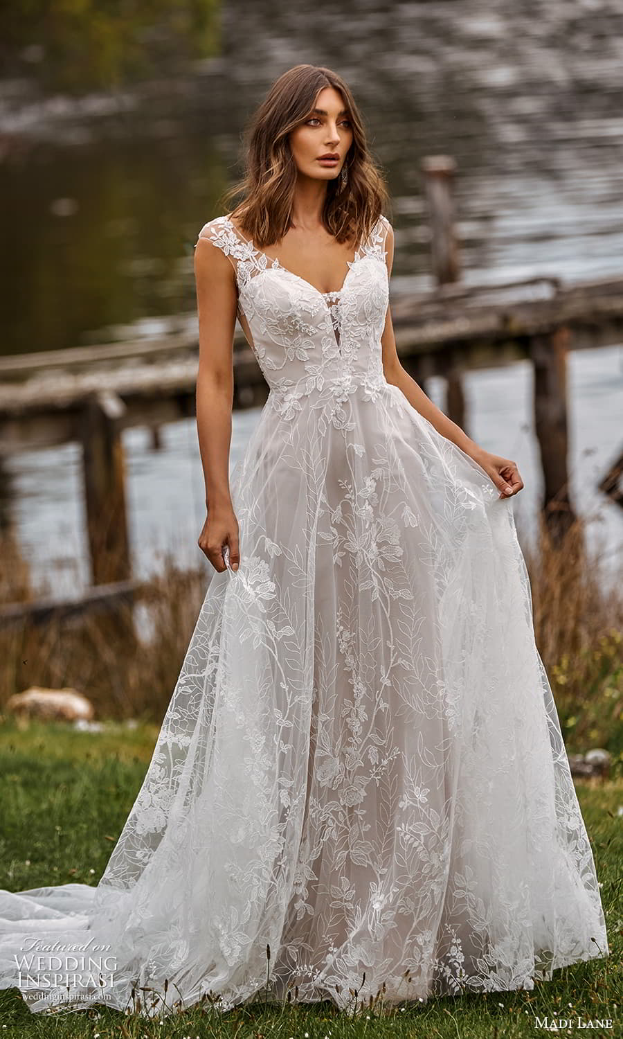 madi lane fall 2021 bridal sheer cap sleeve v neckline embellished a line ball gown wedding dress chapel train (4) mv