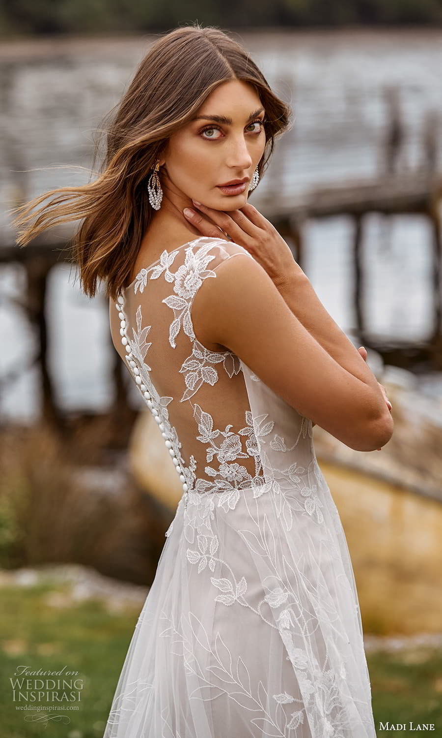 madi lane fall 2021 bridal sheer cap sleeve v neckline embellished a line ball gown wedding dress chapel train (4) zbv