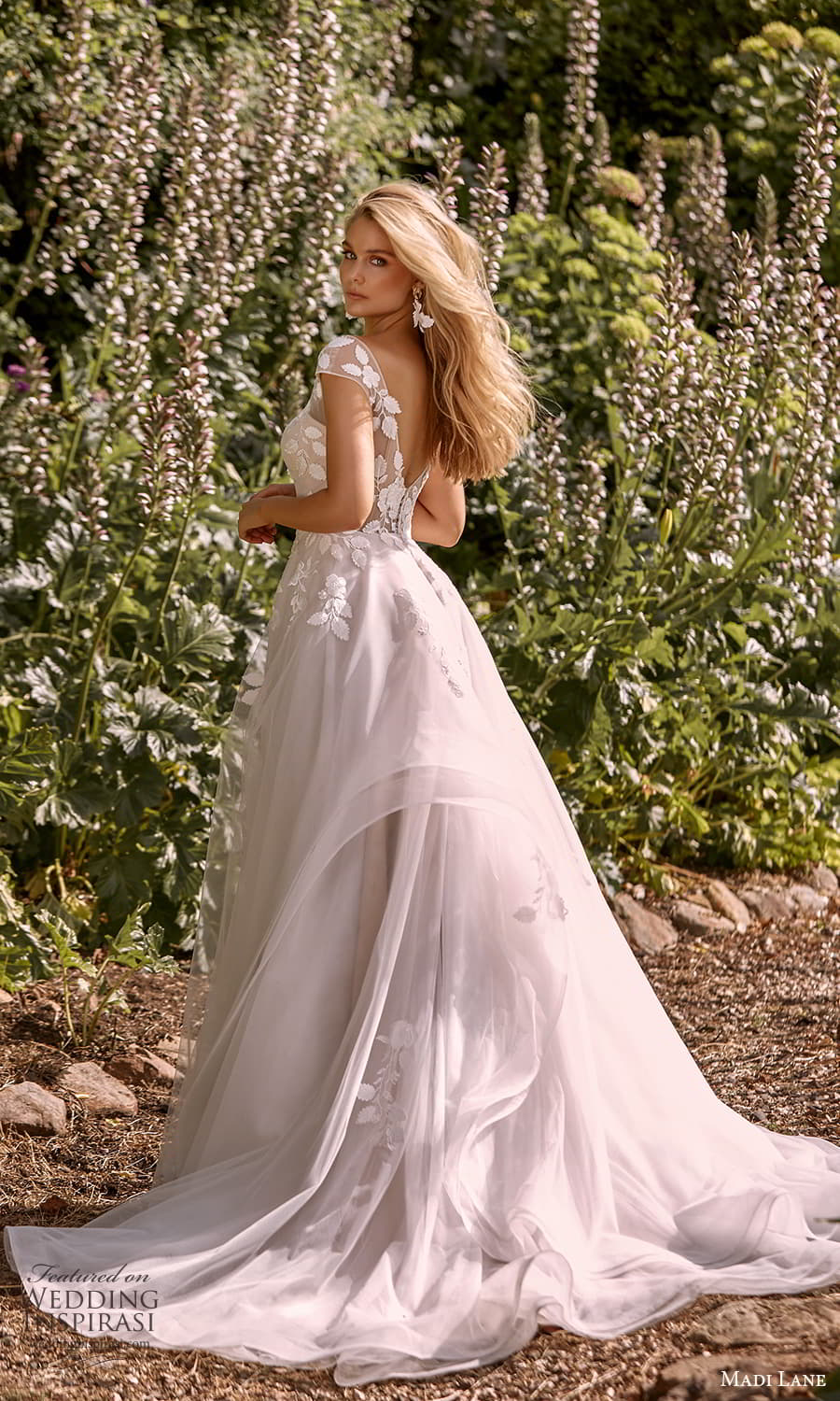 madi lane fall 2021 bridal sheer cap sleeves v neckline embellished a line ball gown wedding dress chapel train (8) bv