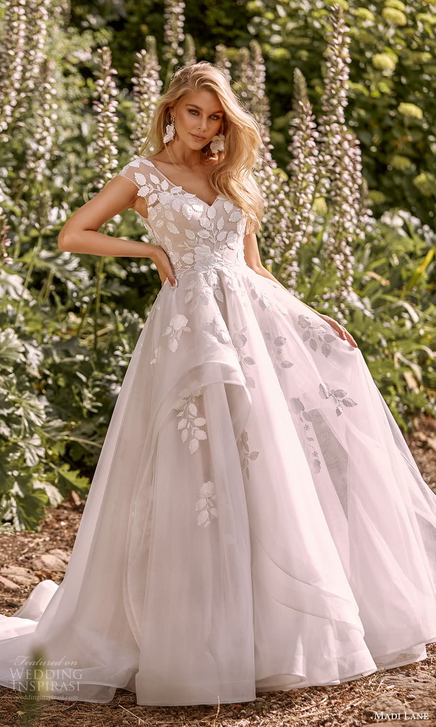 madi lane fall 2021 bridal sheer cap sleeves v neckline embellished a line ball gown wedding dress chapel train (8) mv