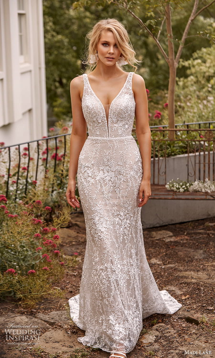 madi lane fall 2021 bridal sleeveless straps plunging v neckline embellished sheath wedding dress chapel train (9) mv