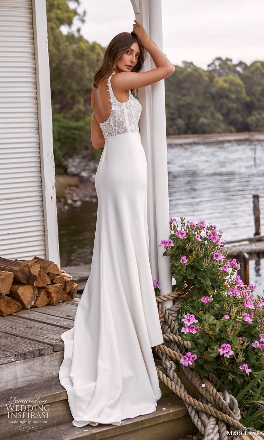 madi lane fall 2021 bridal sleeveless straps scoop neckline embellished bodice clean skirt sheath wedding dress chapel train scoop back (11 ) bv