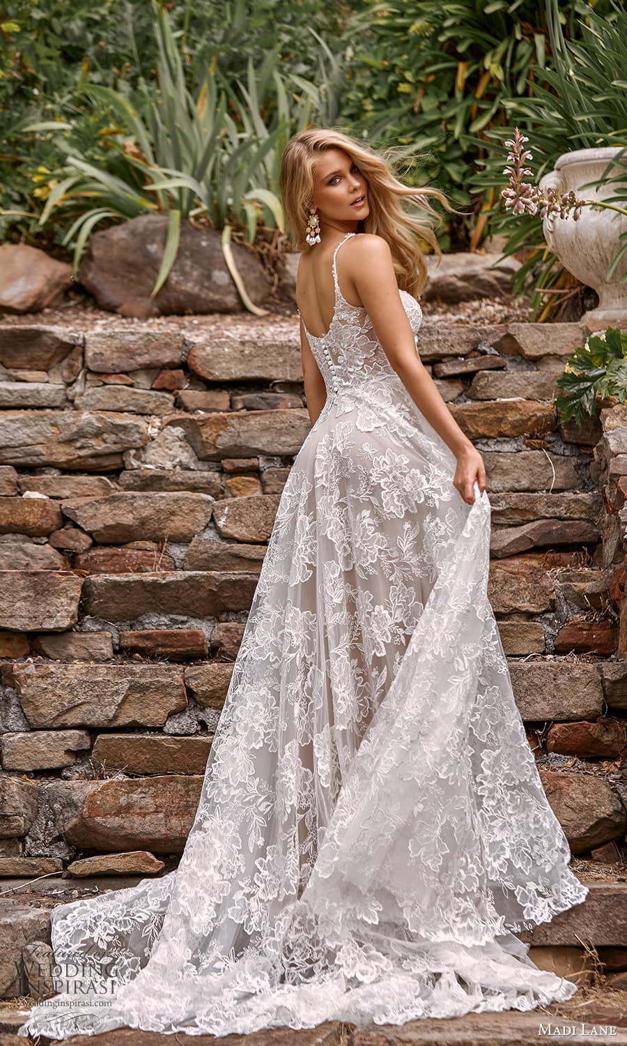 madi lane fall 2021 bridal sleeveless straps scoop neckline fully embellished lace a line ball gown wedding dress chapel train (7) bv