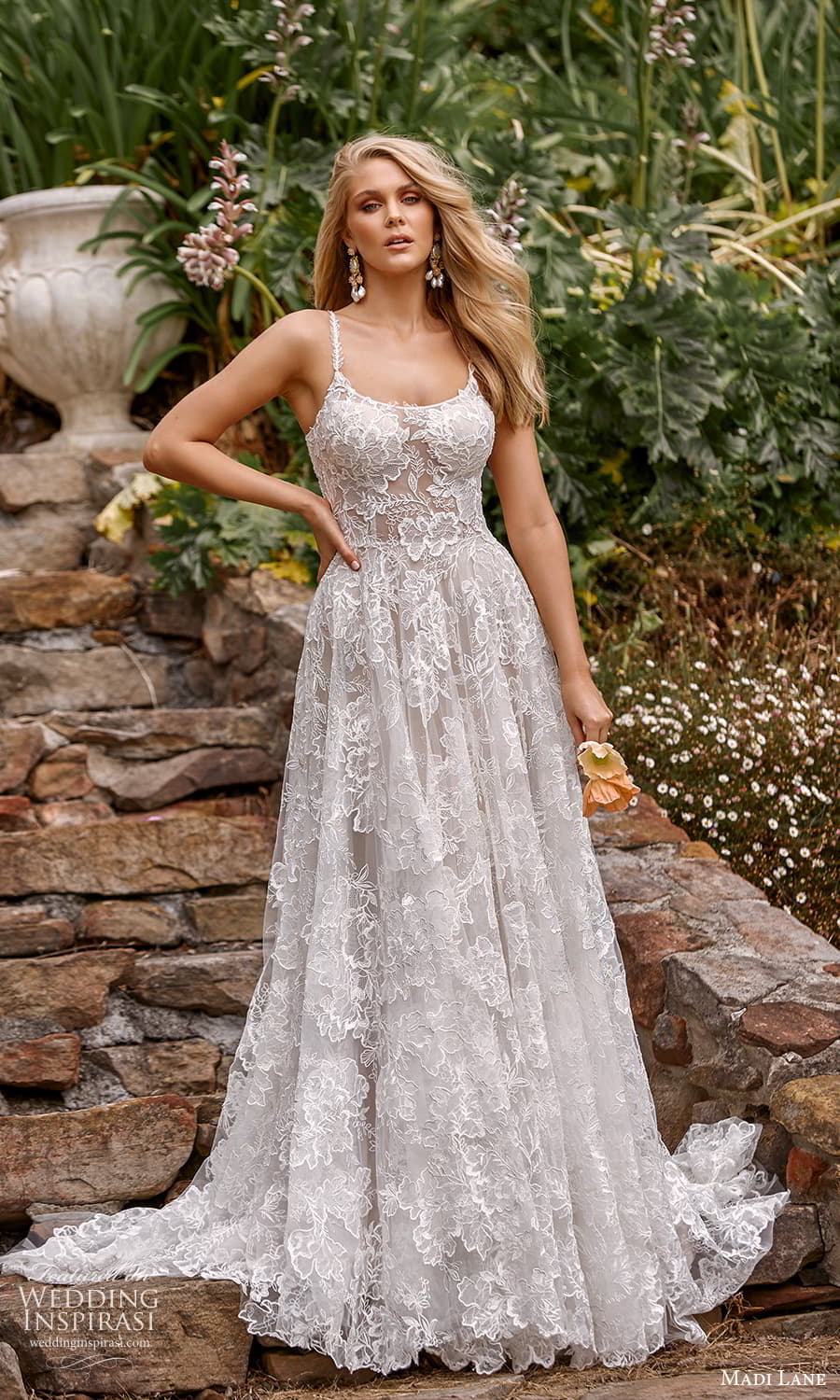 madi lane fall 2021 bridal sleeveless straps scoop neckline fully embellished lace a line ball gown wedding dress chapel train (7) mv