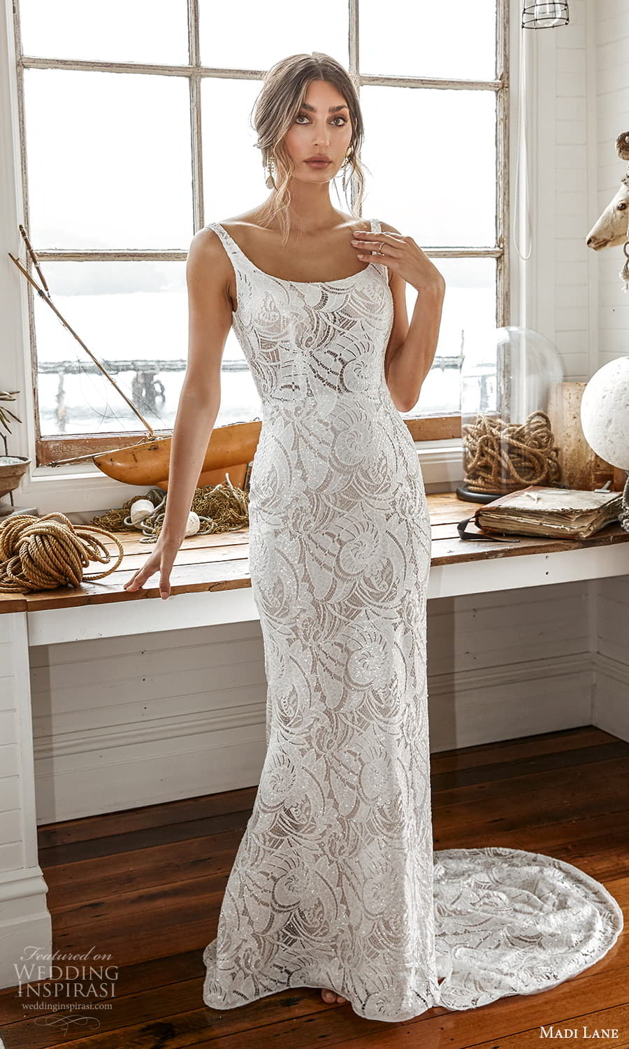 madi lane fall 2021 bridal sleeveless straps scoop neckline fully embellished sheath wedding dress chapel train (2) mv