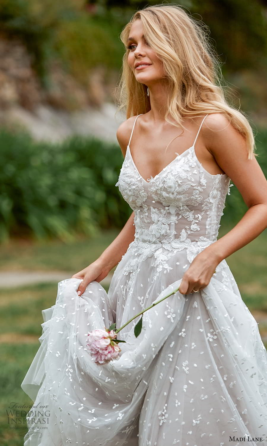 madi lane fall 2021 bridal sleeveless straps sweetheart v neckline embellished a line ball gown wedding dress chapel train veil (5) zv