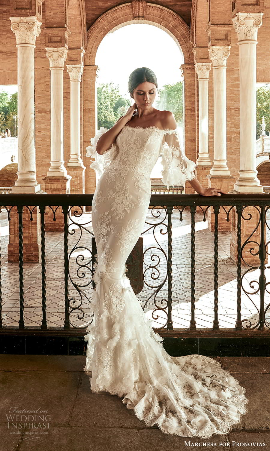 marchesa for pronovias 2022 bridal off shoulder flare sleeves embellished lace sheath wedding dress sweep train (7) mv marchesa for pronovias 2022 bridal off shoulder flare sleeves embellished lace sheath wedding dress sweep train (7) mv
