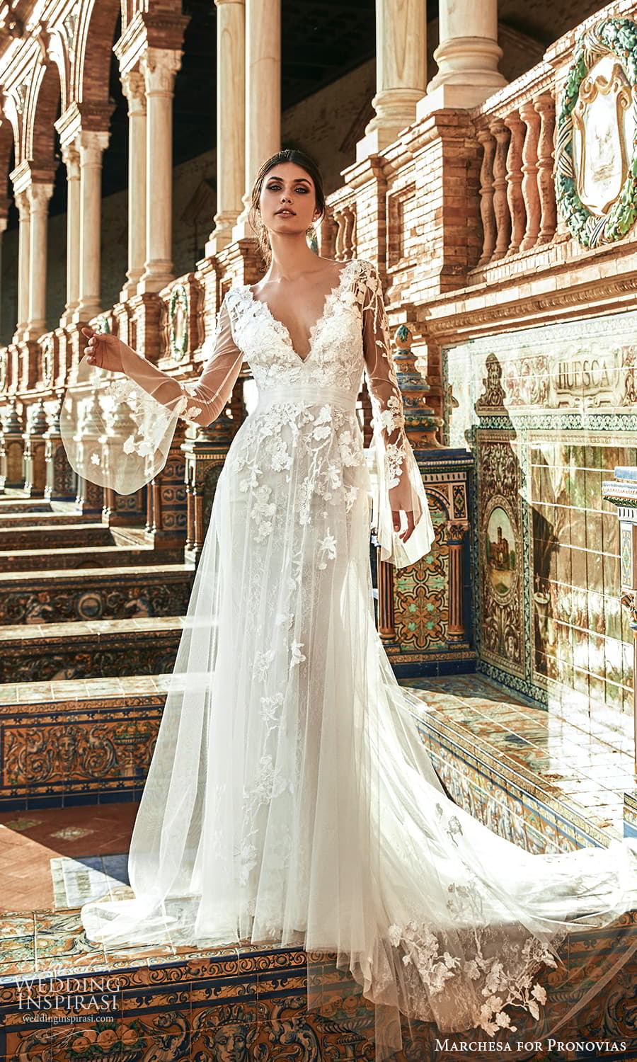 marchesa for pronovias 2022 bridal sheer flare sleeve v necklne embellished a line wedding dress chapel train (13) mv