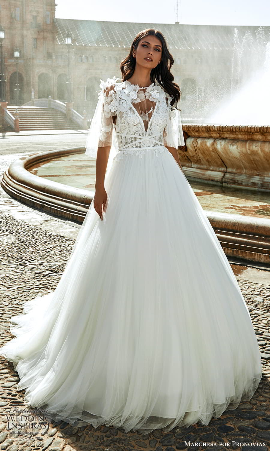 marchesa for pronovias 2022 bridal sleeveless straps plunging v necklnie embellished bodice a line wedding dress chapel train cape (12) mv marchesa for pronovias 2022 bridal sleeveless straps plunging v necklnie embellished bodice a line wedding dress chapel train cape (12) mv