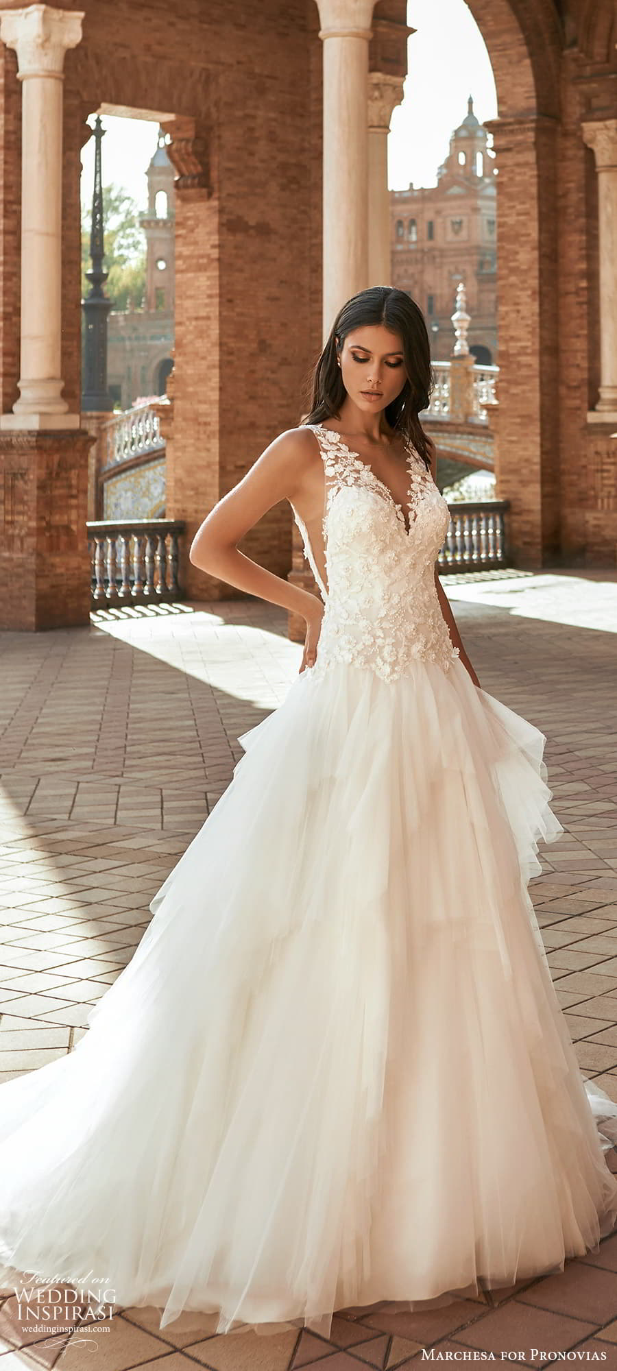 marchesa for pronovias 2022 bridal sleeveless straps v neckline embellished bodice drop waist a line wedding dress chapel train (5) mv marchesa for pronovias 2022 bridal sleeveless straps v neckline embellished bodice drop waist a line wedding dress chapel train (5) mv