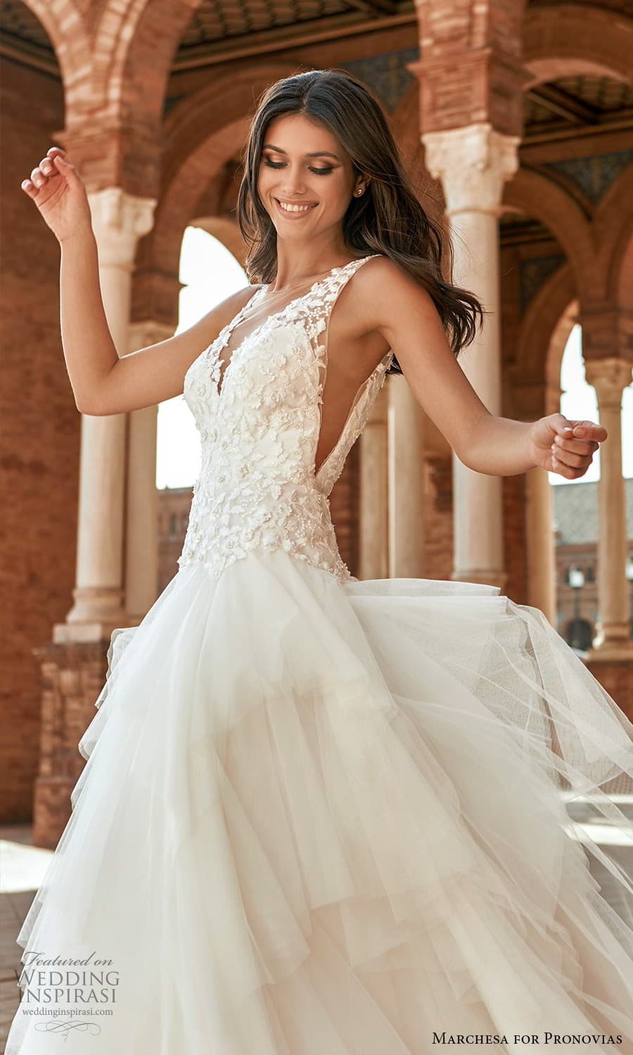 marchesa for pronovias 2022 bridal sleeveless straps v neckline embellished bodice drop waist a line wedding dress chapel train (5) zv marchesa for pronovias 2022 bridal sleeveless straps v neckline embellished bodice drop waist a line wedding dress chapel train (5) zv