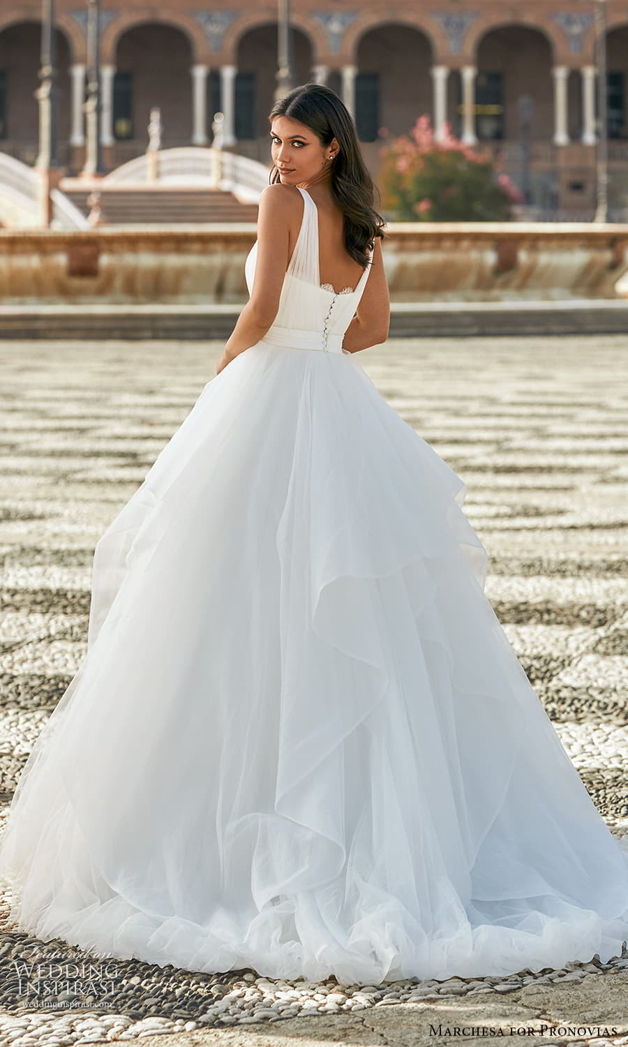 marchesa for pronovias 2022 bridal sleeveless straps v neckline ruched bodice a line ball gown wedding dress chapel train (21) bv marchesa for pronovias 2022 bridal sleeveless straps v neckline ruched bodice a line ball gown wedding dress chapel train (21) bv