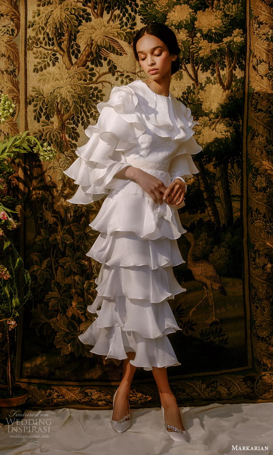 markarian spring 2022 bridal 3 quarter flare sleeeve jewel neckline embelished bodice short wedding dress (7) mv markarian spring 2022 bridal 3 quarter flare sleeeve jewel neckline embelished bodice short wedding dress (7) mv