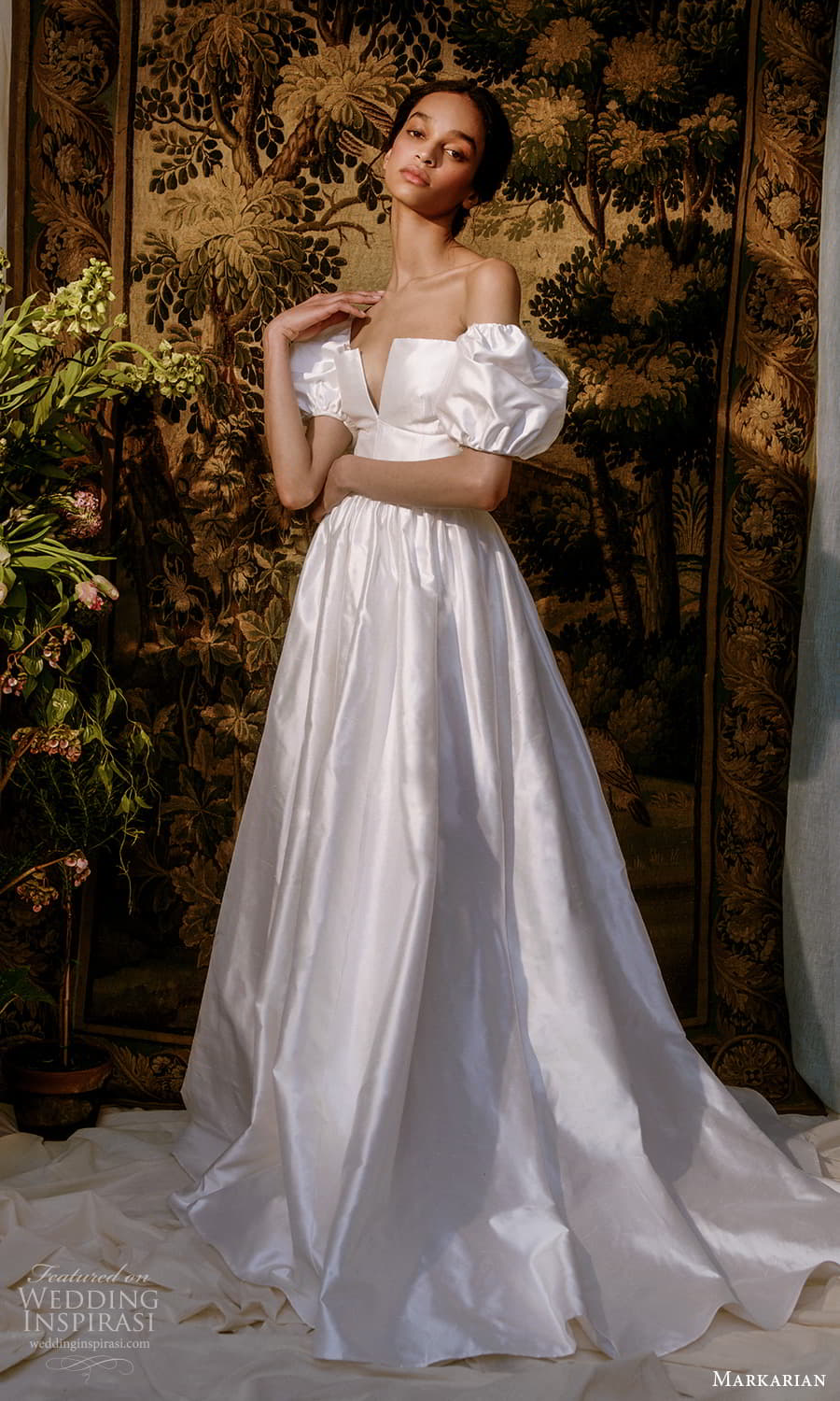 markarian spring 2022 bridal detached short puff sleeves straight across split neckline clean minimalist a line ball gown wedding dress chapel train (1) mv