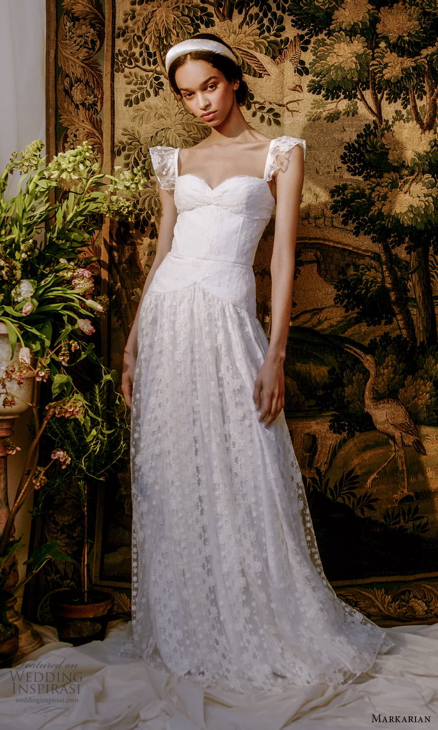 markarian spring 2022 bridal flutter sleeves sweetheart neckline embellished drop waist a line lace wedding dress (3) mmv