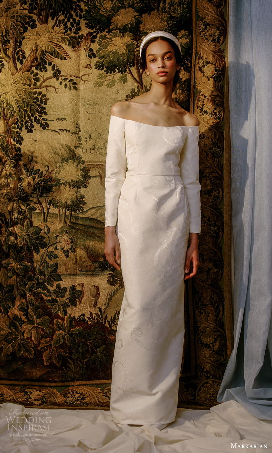 markarian spring 2022 bridal long sleeve off shoulder straight neckline sheath wedding dress chapel train (9) mv markarian spring 2022 bridal long sleeve off shoulder straight neckline sheath wedding dress chapel train (9) mv