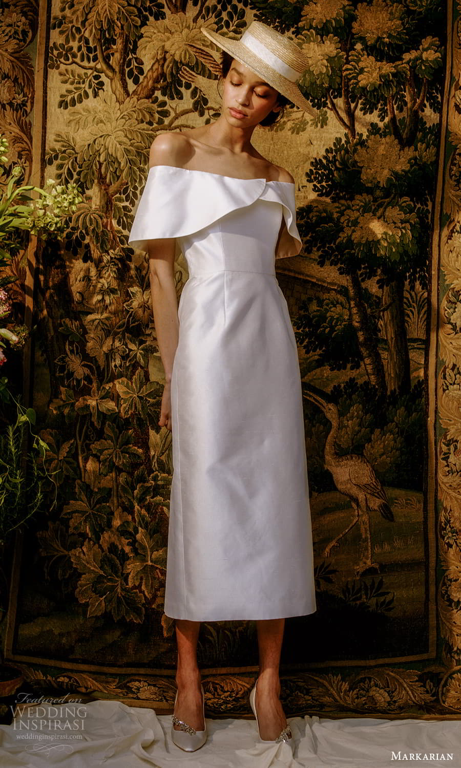 markarian spring 2022 bridal off shoulder short sleeves straight across neckline clean minimalist tea length wedding dress (9) fv markarian spring 2022 bridal off shoulder short sleeves straight across neckline clean minimalist tea length wedding dress (9) fv