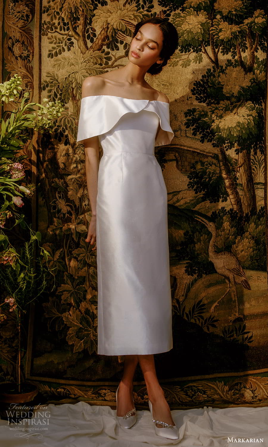 markarian spring 2022 bridal off shoulder short sleeves straight across neckline clean minimalist tea length wedding dress (9) mv markarian spring 2022 bridal off shoulder short sleeves straight across neckline clean minimalist tea length wedding dress (9) mv