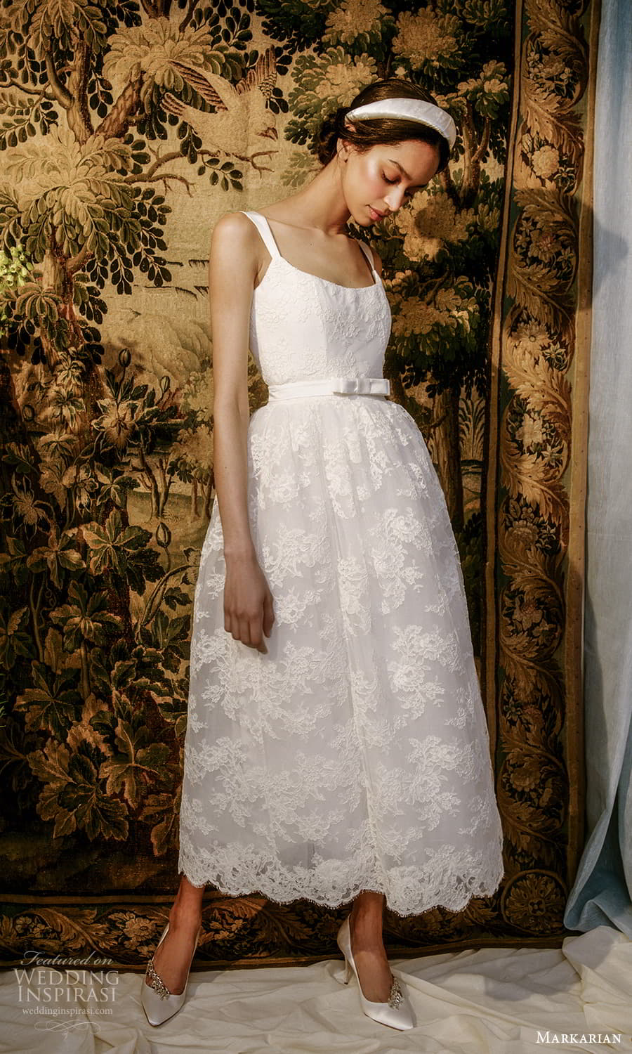 markarian spring 2022 bridal sleeveless straps square neckline embellished lace a line tea length wedding dress (4) mv