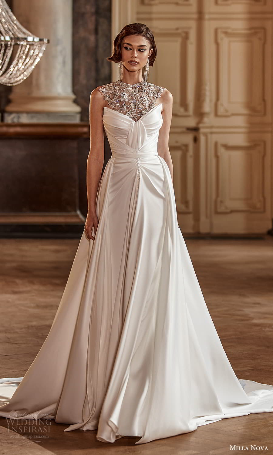 milla nova 2022 royal bridal jewel cape strapless sweetheart neckline ruched bodice clean sheath wedding dress chapel train (2) mv