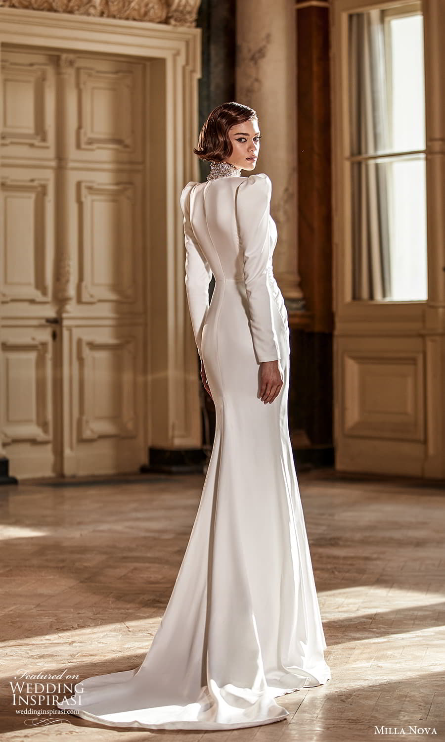 milla nova 2022 royal bridal long puff sleeve embellished high neckline clean minimalist sheath wedding dress chapel train (9) bv