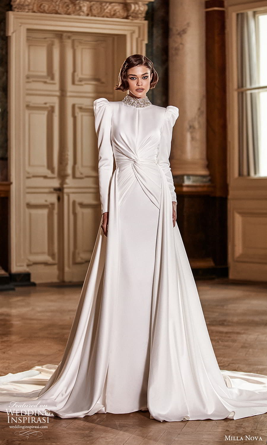 milla nova 2022 royal bridal long puff sleeve embellished high neckline clean minimalist sheath wedding dress chapel train (9) mv