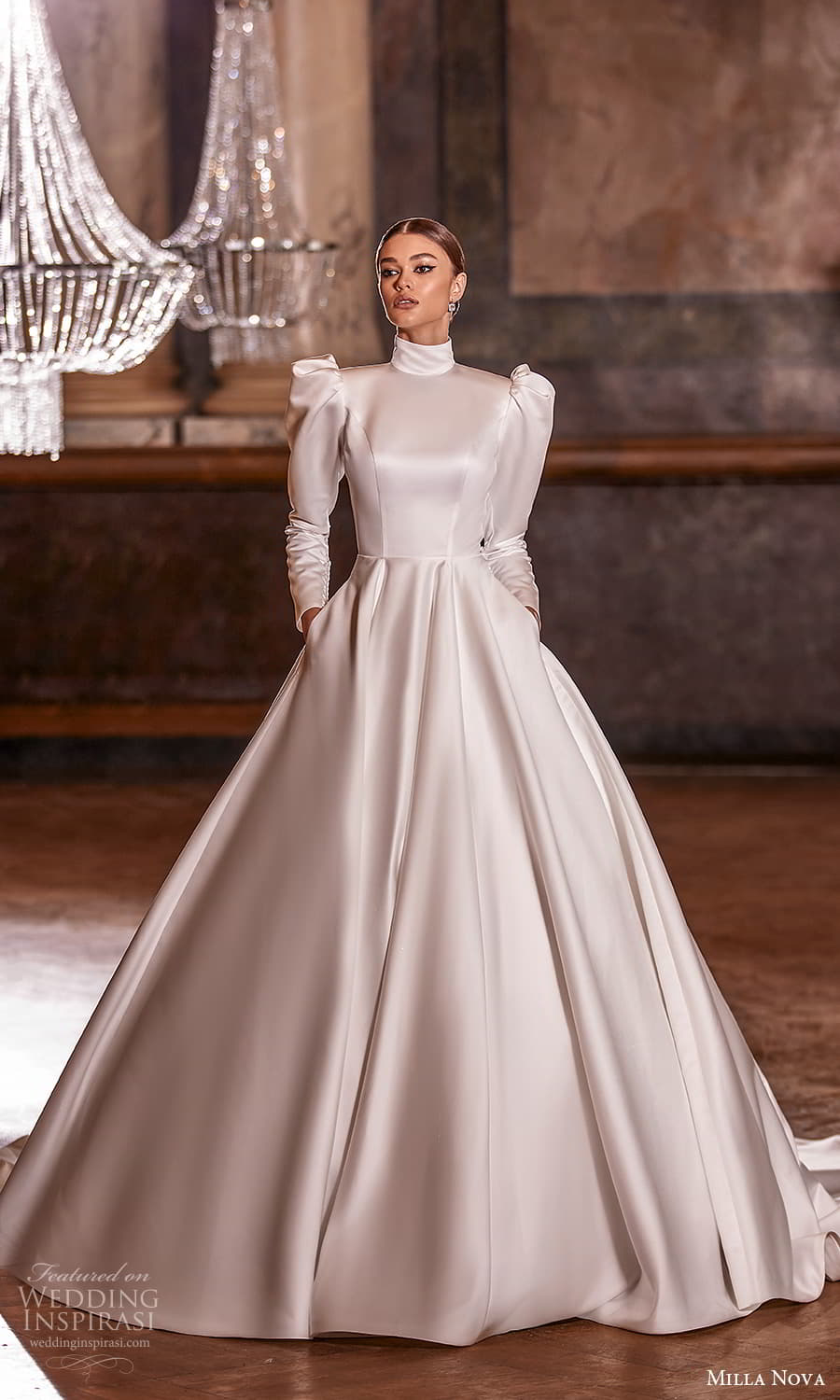 milla nova 2022 royal bridal long puff sleeve high neckline clean minimalist a line ball gown wedding dress chapel train (13) mv