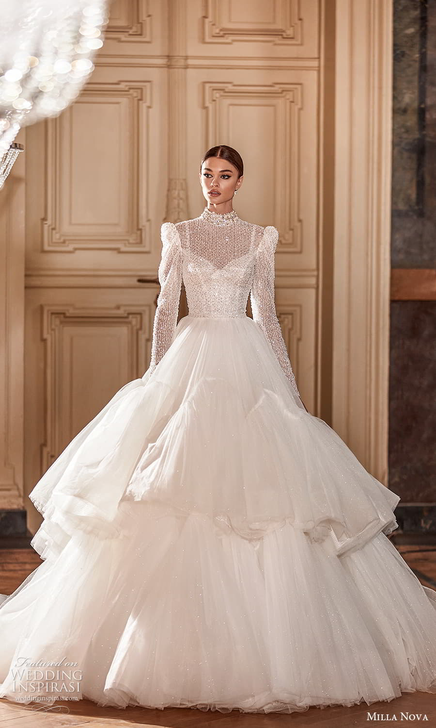 milla nova 2022 royal bridal long puff sleeve high neckline embellished bodice a line ball gown wedding dress chapel train (18) mv