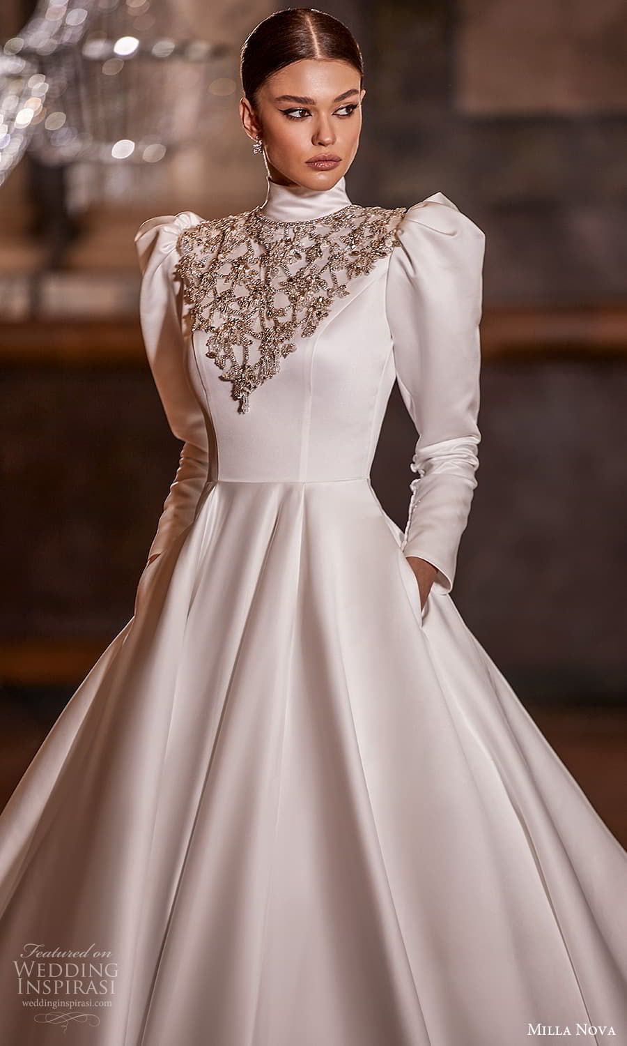 milla nova 2022 royal bridal long puff sleeve high neckline embellished bodice clean minimalist a line ball gown wedding dress chapel train (13) zv