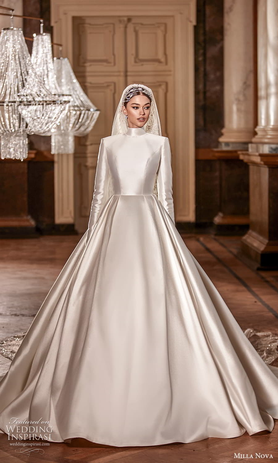 milla nova 2022 royal bridal long sleeve high neckline clean minimalist a line ball gown wedding dress chapel train (17) mv