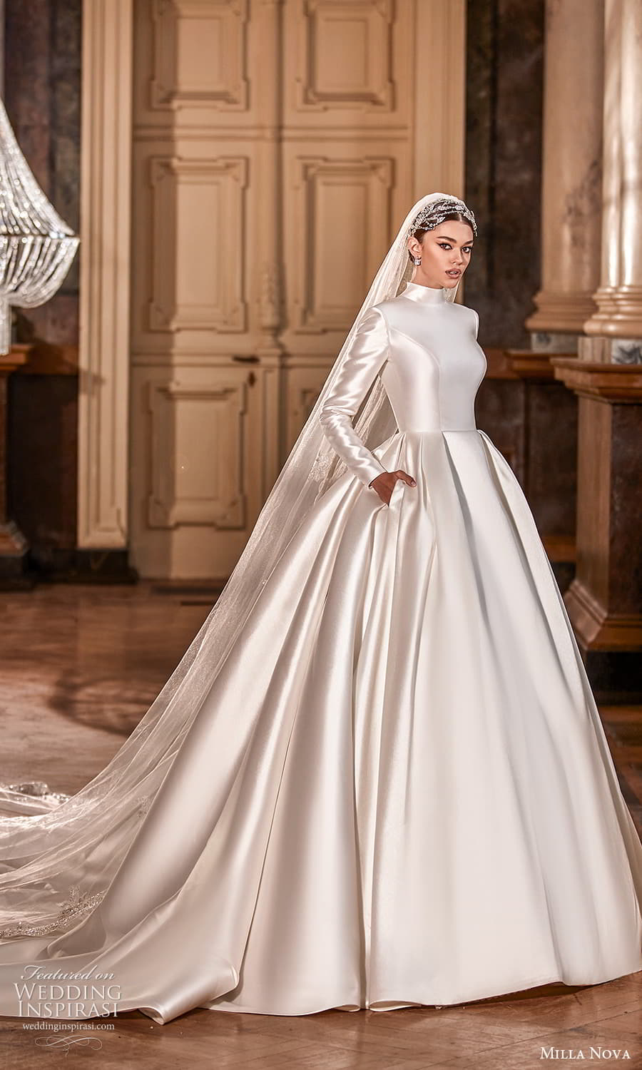milla nova 2022 royal bridal long sleeve high neckline clean minimalist a line ball gown wedding dress chapel train (17) sv