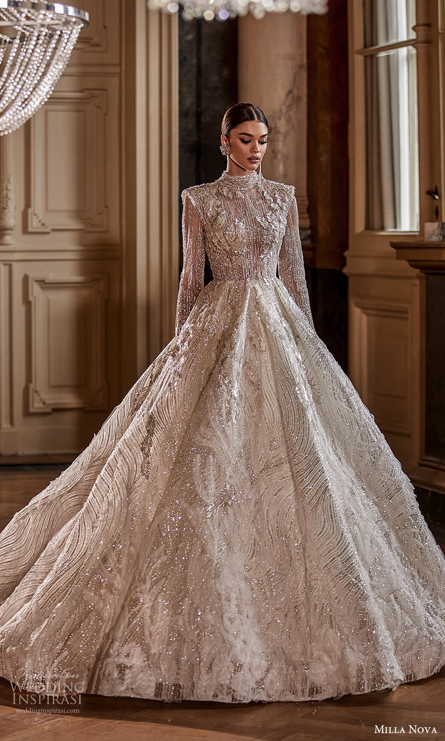 milla nova 2022 royal bridal long sleeve high neckline fully embellished a line ball gown wedding dress chapel train (11) mv