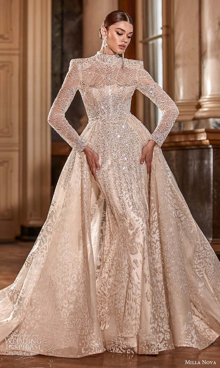 milla nova 2022 royal bridal long sleeve high neckline fully embellished sheath wedding dress a line ball gown overskirt (16) mv