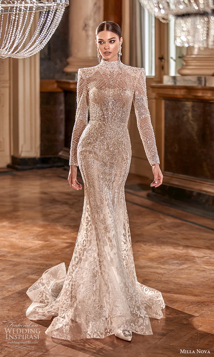 milla nova 2022 royal bridal long sleeve high neckline fully embellished sheath wedding dress chapel train (16) mv