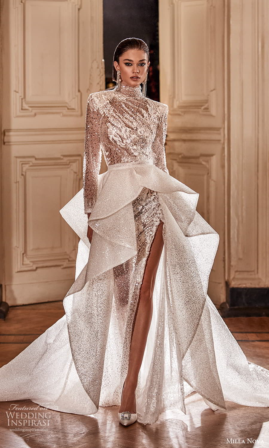 milla nova 2022 royal bridal long sleeve high neckline fully embellished sheath wedding dress sheer a line overskirt (12) fv