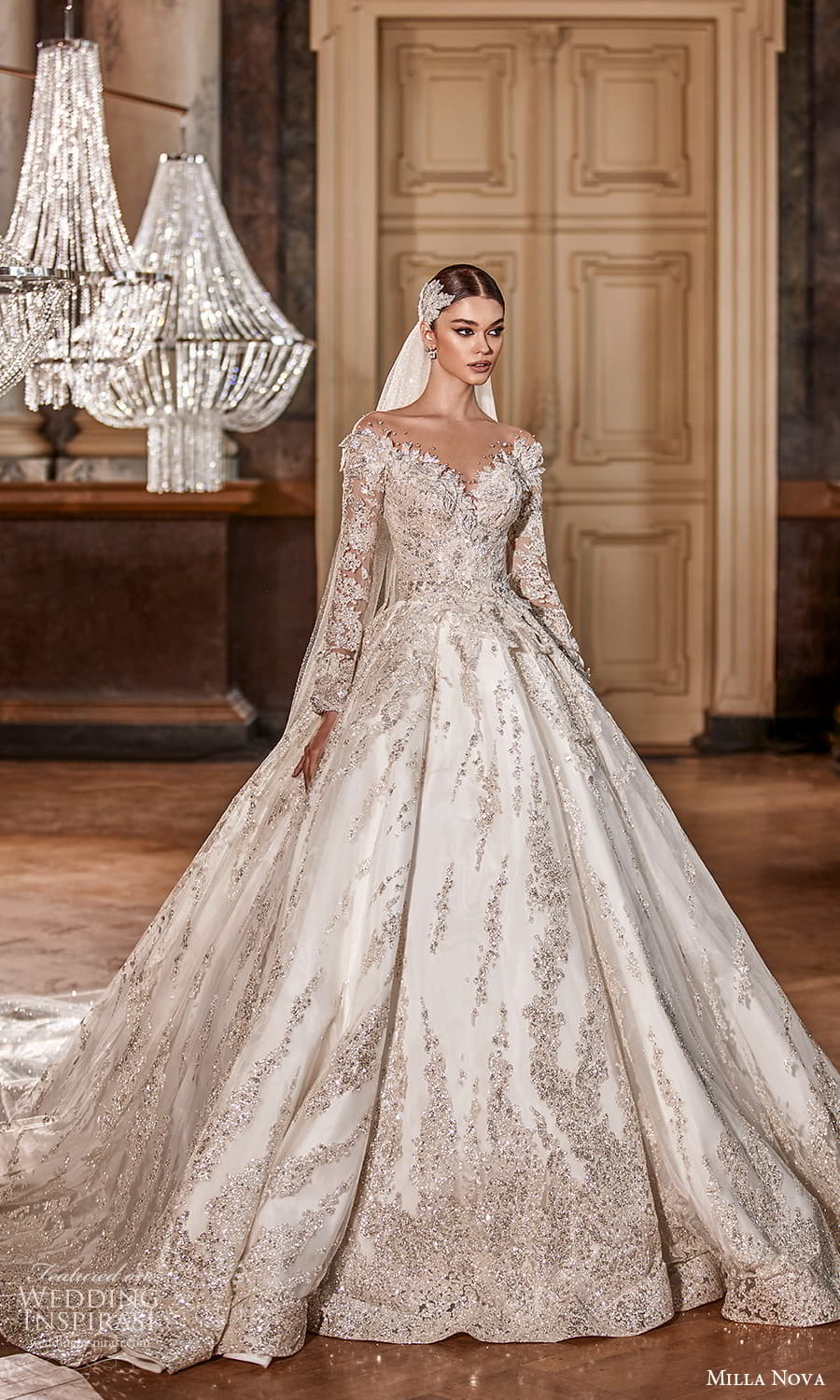 milla nova 2022 royal bridal long sleeve off shoulder neckline fully embellished a line ball gown wedding dress chapel train (19) mv