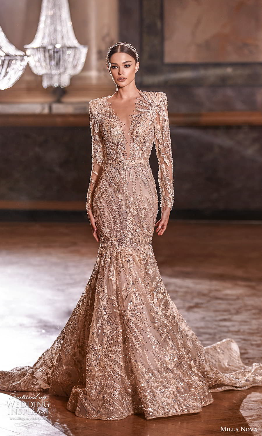 milla nova 2022 royal bridal long sleeve v neckline fully embellished fit flare mermaid wedding dress chapel train (20) mv