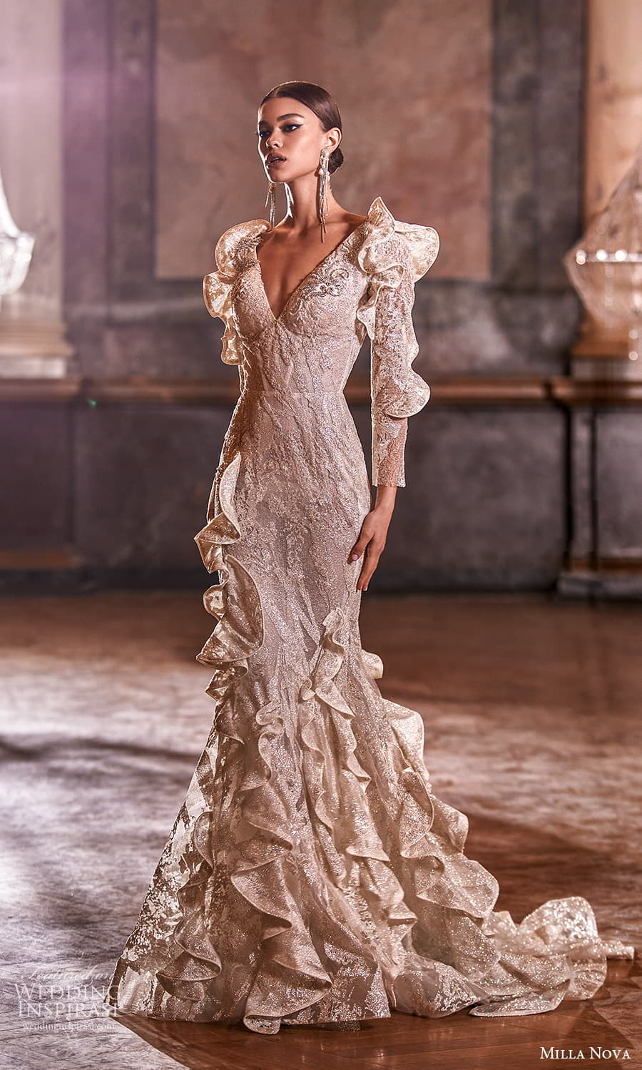 milla nova 2022 royal bridal long sleeve v neckline fully embellished sheath wedding dress chapel train (8) mv