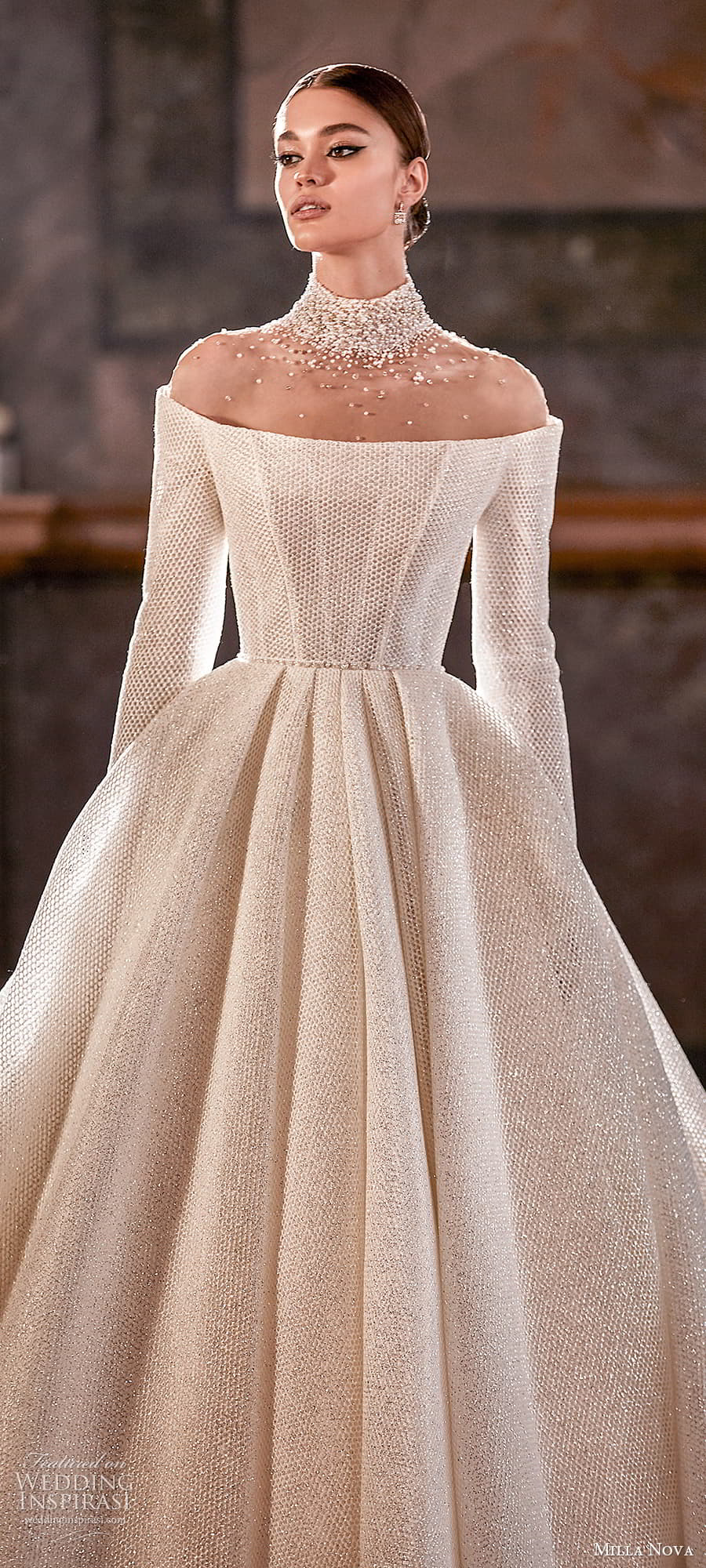 milla nova 2022 royal bridal off shoulder long sleeve embellished high neckline a line ball gown wedding dress chapel train (5) lv