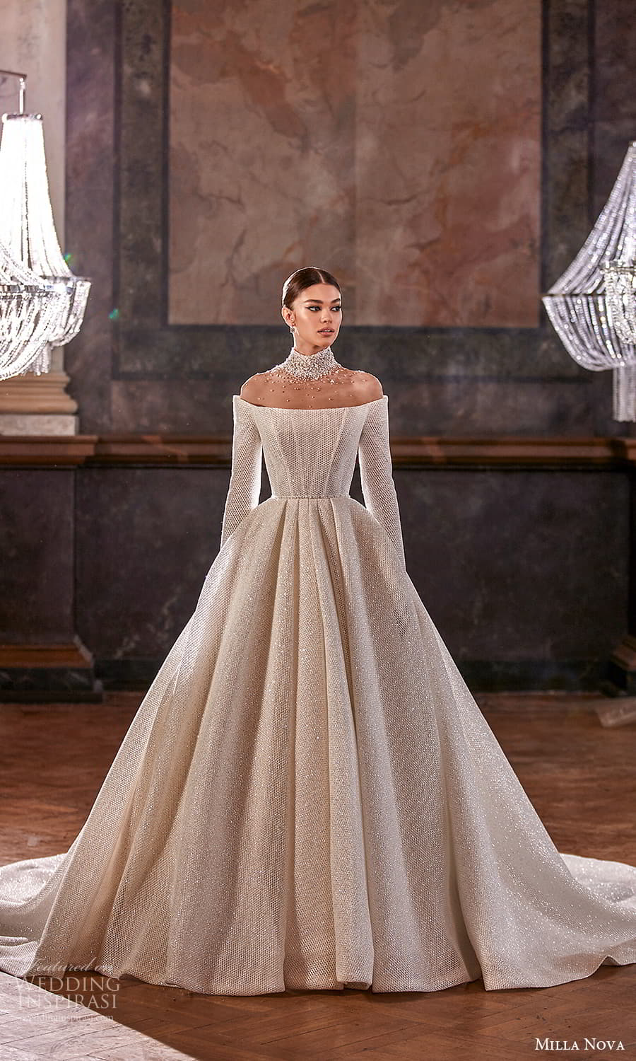 milla nova 2022 royal bridal off shoulder long sleeve embellished high neckline a line ball gown wedding dress chapel train (5) mv