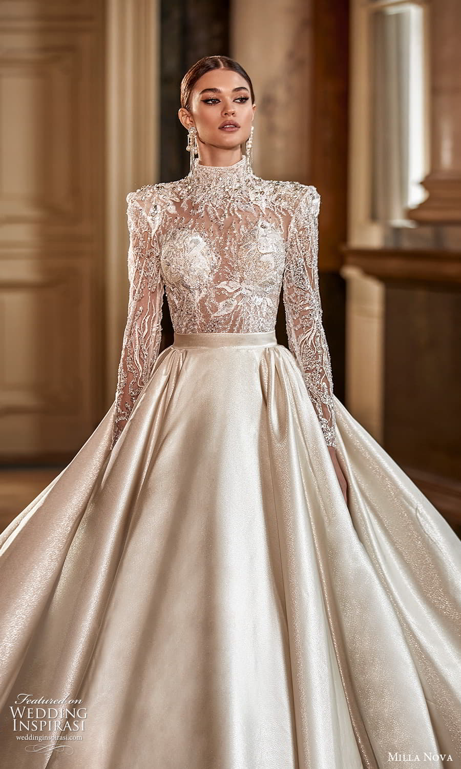 milla nova 2022 royal bridal sheer long sleeve high neckline embellished bodice a line wedding dress clean skirt (21) mv