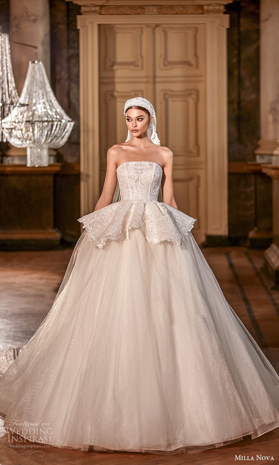 milla nova 2022 royal bridal strapless straight across neckline fully embellished peplum a line ball gown wedding dress chapel train (15) mv