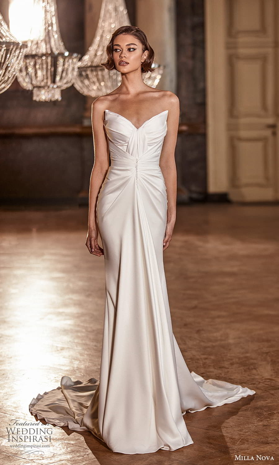 milla nova 2022 royal bridal strapless sweetheart neckline ruched bodice clean sheath wedding dress chapel train (2) mv